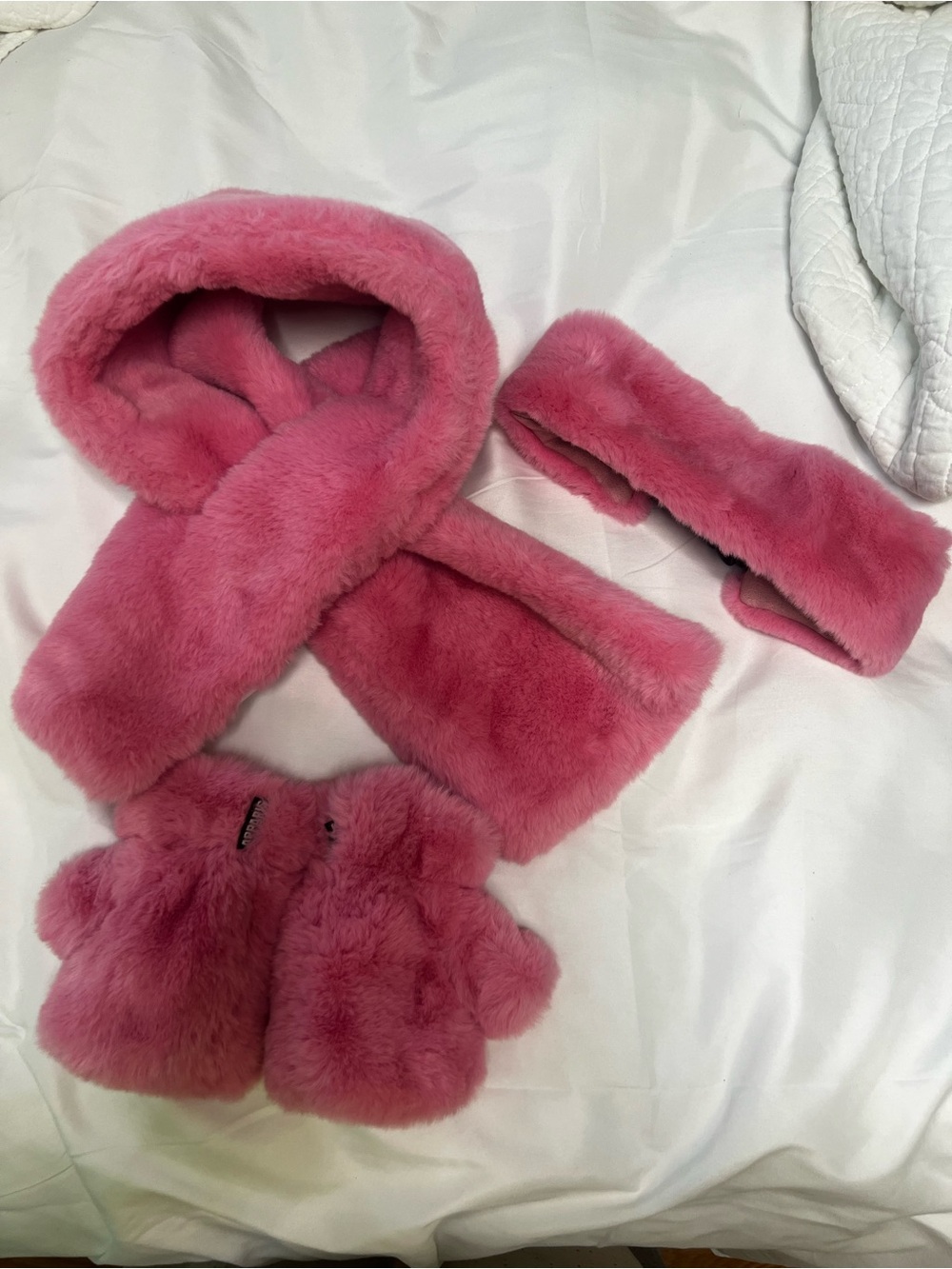 Apparis Pink Faux Fur Scarf, Headband & Mitten Set